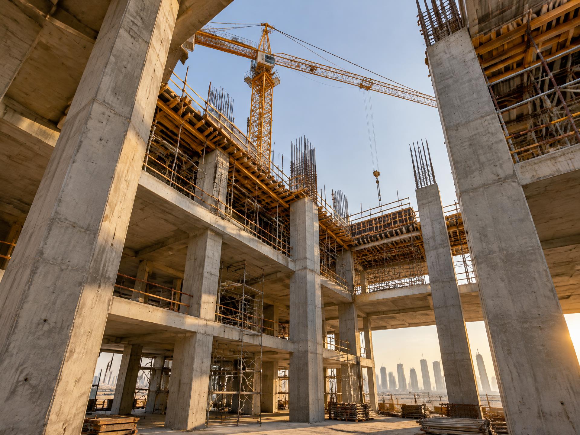 Concrete structural frame and tower crane on a UAE construction site