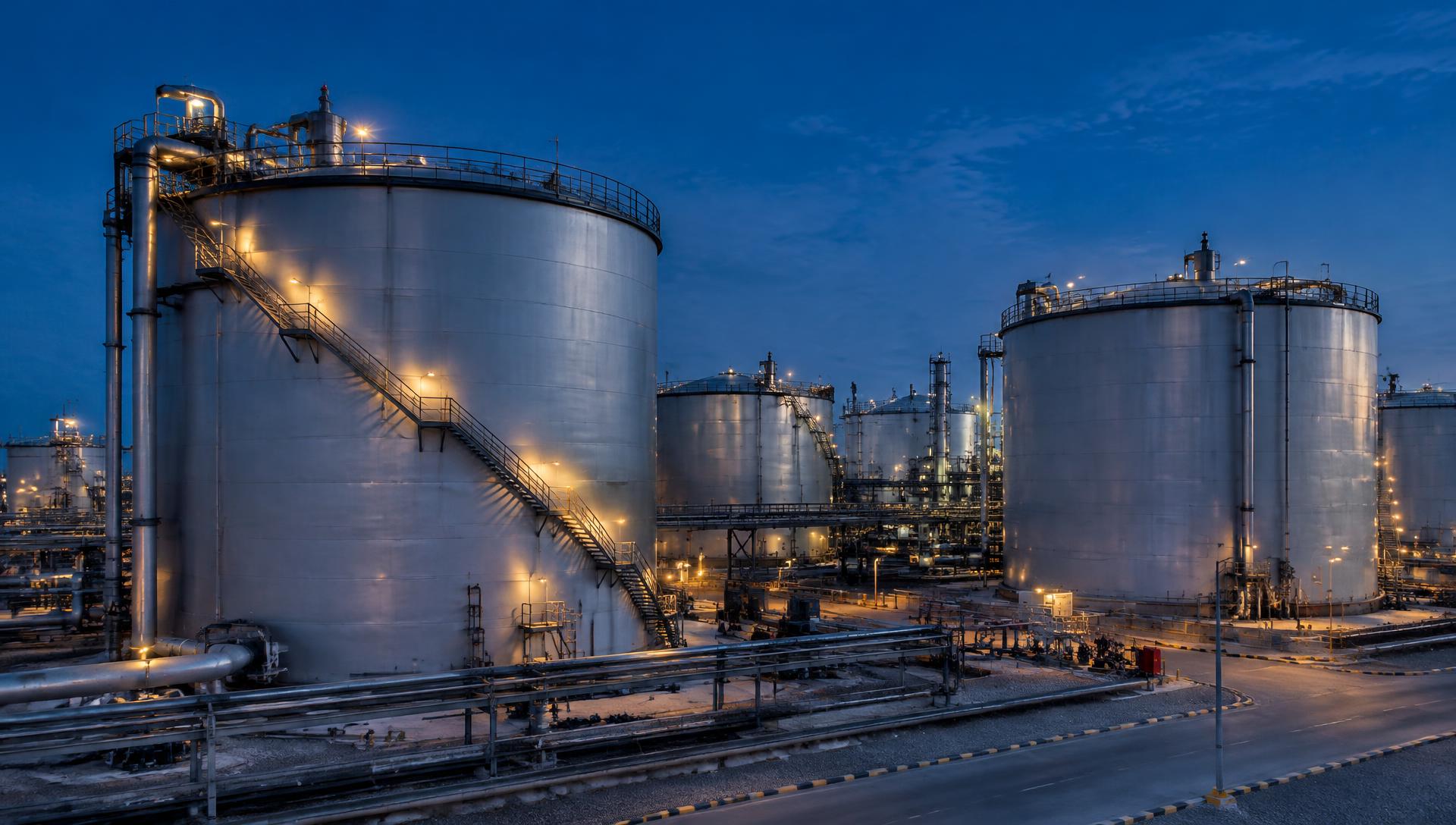 Industrial steel tank farm at blue hour