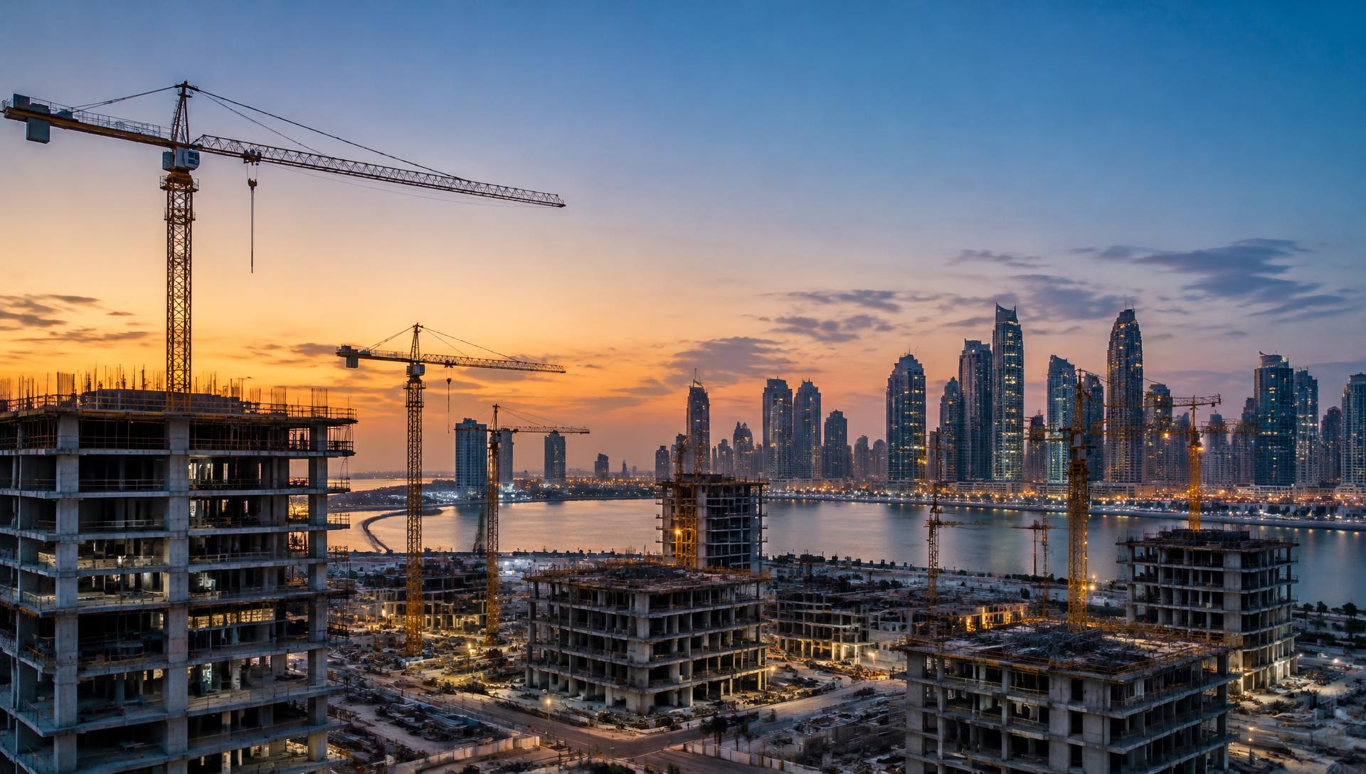 Tower cranes and UAE construction skyline at dusk