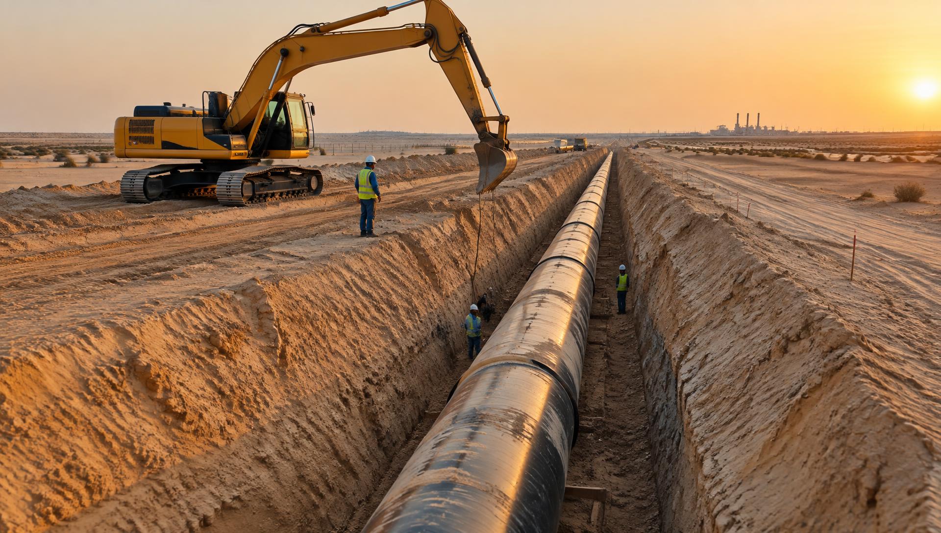 Pipeline installation in a desert trench beside an excavator