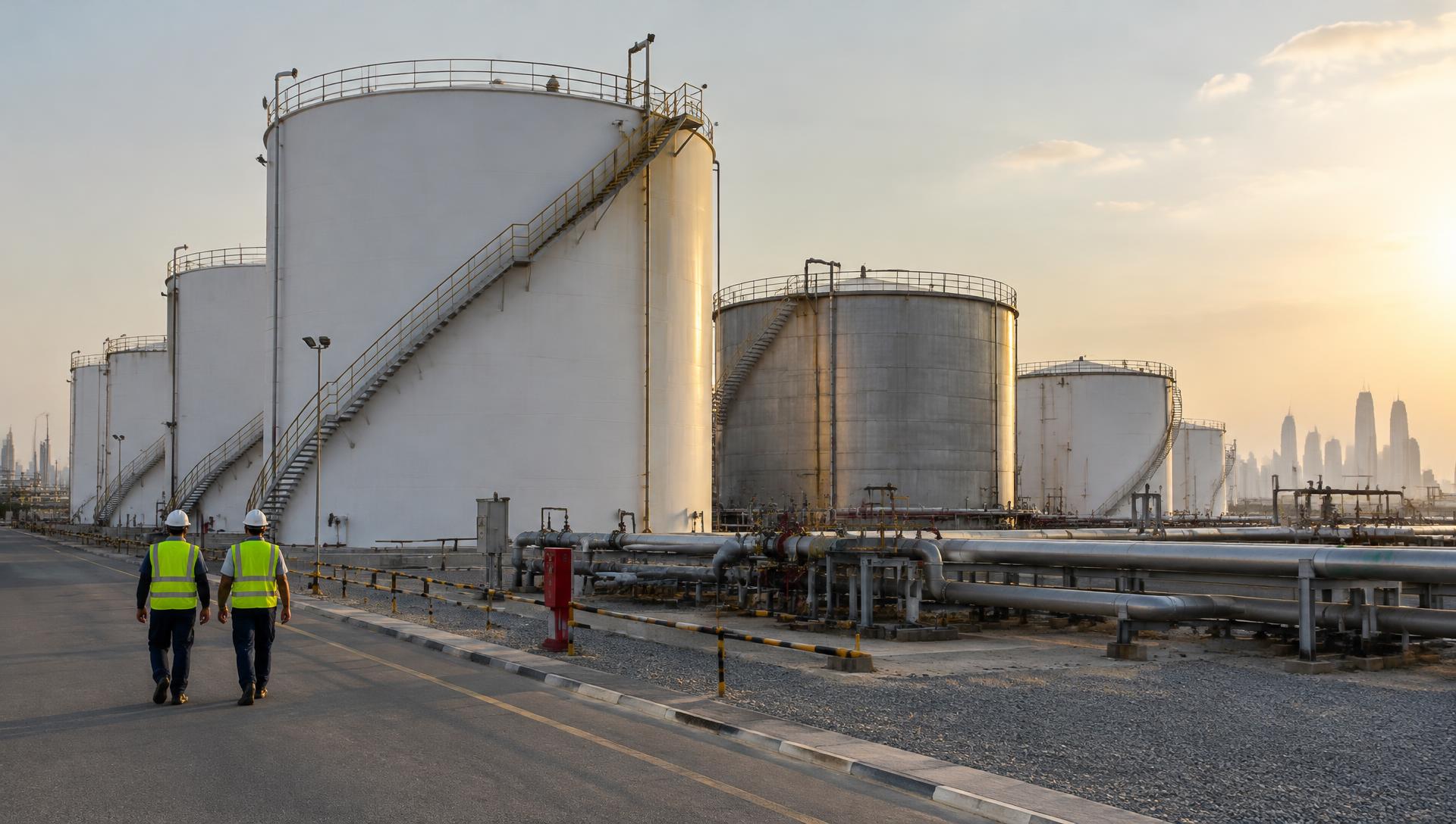 Steel storage tank farm with workers in safety equipment