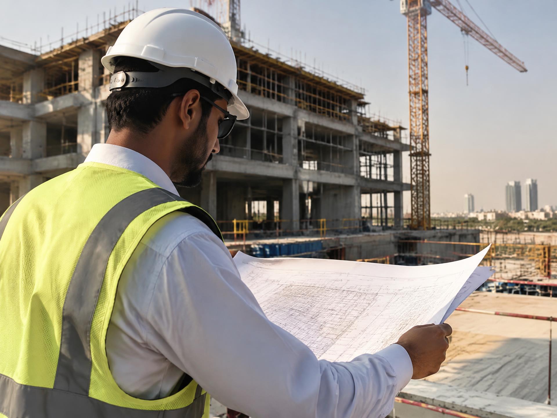 Site engineer reviewing drawings at a UAE construction site