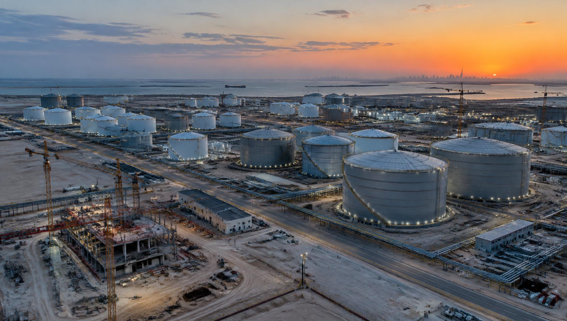 Aerial view of a UAE industrial tank terminal at dusk